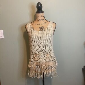 VTG Miss Kelly 1999 90s Women Boho Crochet Hippie Festival Sheer Top Beige Large
